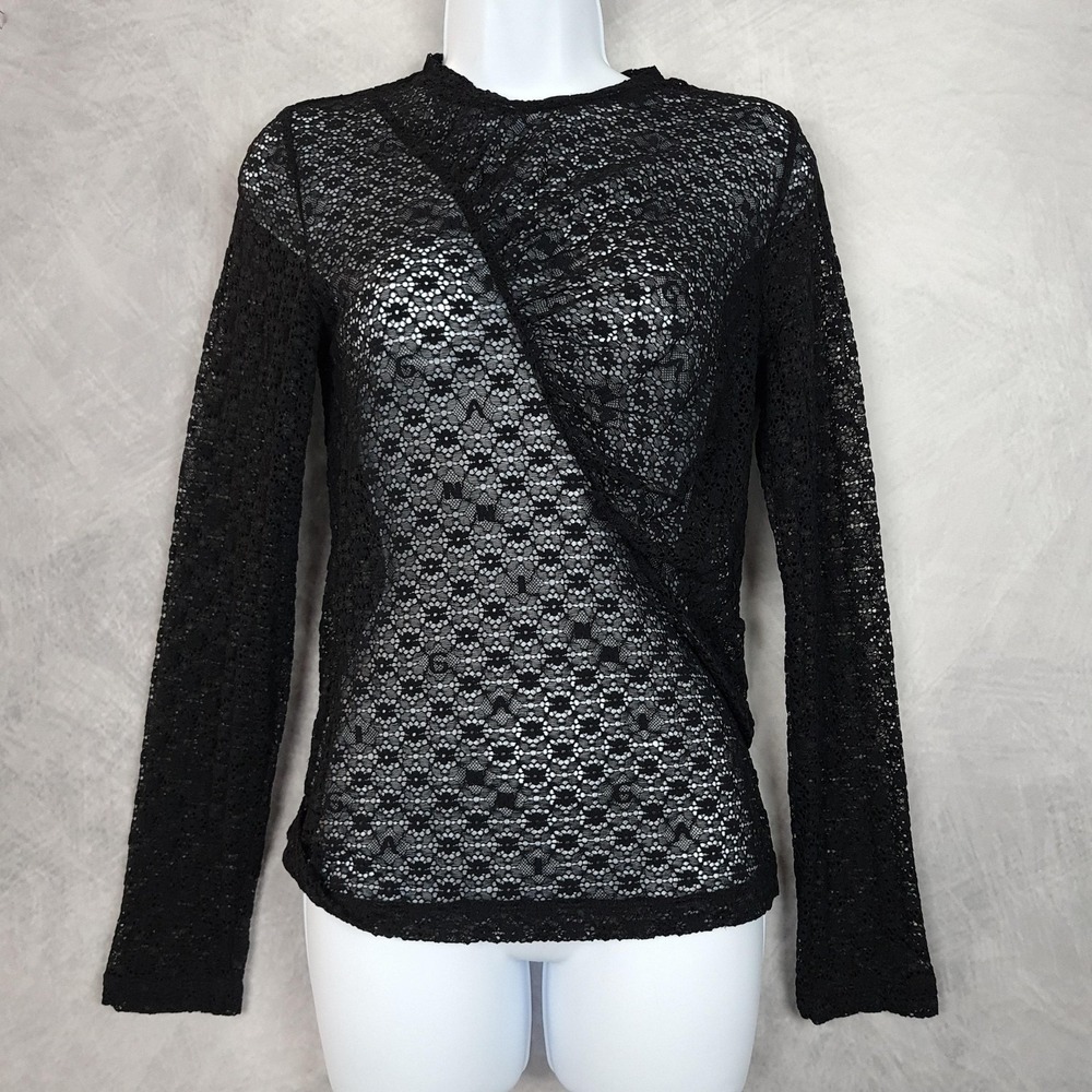 Ganni Lace Top Womens Medium Black Floral Sheer Long Sleeve Ruched - Picture 1 of 16